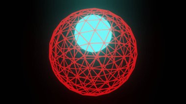 Merkezinde parlayan mavi bir enerji topu olan kırmızı kablo küresi veya daire çizimi, siyah arka planda izole edilmiş dikdörtgen tasarımı. Gölgesi olan soyut çokgen küresi.