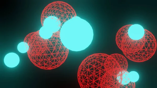 Illustration graphic Of 3D Abstract Wired Frame and Plasma or energy, Sphere or Circle, Animated On The Black Background. Blue color energy ball and red wireframe object floating on the frame.