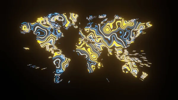 Illustration graphic of beautiful texture or pattern formation on the world map, isolated on black background. 3d abstract loop neon lighting effect on world map.
