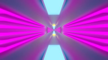 Uzayda güzel pembe ve mavi ışıklandırması olan soyut enerji tünelinin çizimi. Uzay gemisi tüneline doğru uçan kusursuz bir döngü, 3 boyutlu görüntüleme VJ.