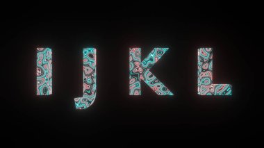 I J K L metnindeki güzel dokunun ya da desen biçiminin 3 boyutlu grafiği, siyah arkaplanda izole edilmiş. I J K L harfi üzerinde 3d soyut döngü canlandırma neon ışıklandırma efekti.