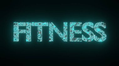 FITNESS metnindeki güzel dokunun ya da desenin üç boyutlu grafiği, siyah arkaplanda izole edilmiş. FITNESS harfinde 3d soyut döngü canlandırma neon ışıklandırma efekti.