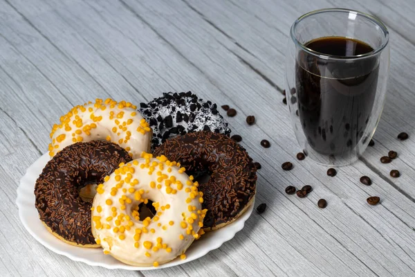 Donuts White Plate Wooden Table Coffee — Stock Photo, Image