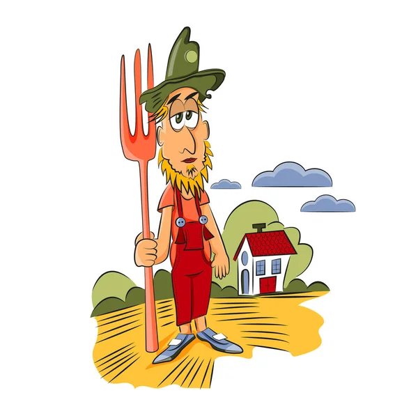 Farmer works on a ranch. Funny caricature of a farmer. Cartoon on a white background. Village, countryside theme.