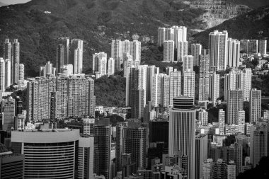 Hava Hong Kong şehir görünümünde gökyüzü, siyah beyaz resim 
