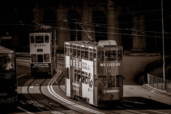 Straße Mit Menschen Und Transport Tagsüber Hong Kong Schwarz Weiß — Stockfoto
