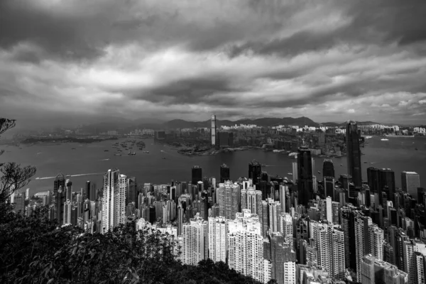 Αεροφωτογραφία Του Χονγκ Κονγκ Πόλη Της Εικόνας Ουρανό Μαύρο Και — Φωτογραφία Αρχείου