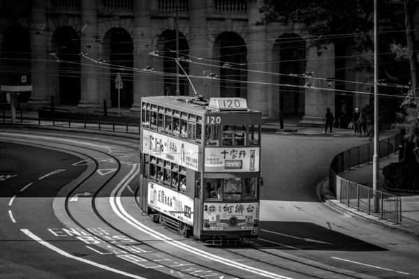 Straße Mit Menschen Und Transport Tagsüber Hong Kong Schwarz Weiß — Stockfoto