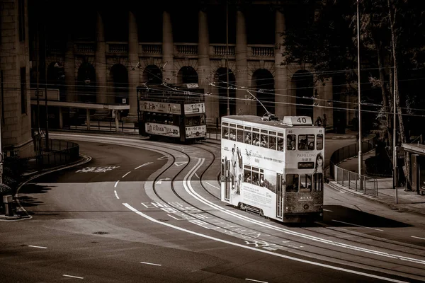 Straße Mit Menschen Und Transport Tagsüber Hong Kong Schwarz Weiß — Stockfoto