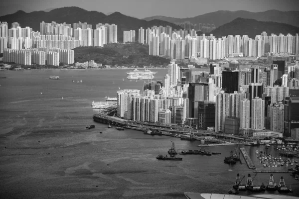 Widok Lotu Ptaka Miasta Hongkong Niebo Czarno Biały Obraz — Zdjęcie stockowe