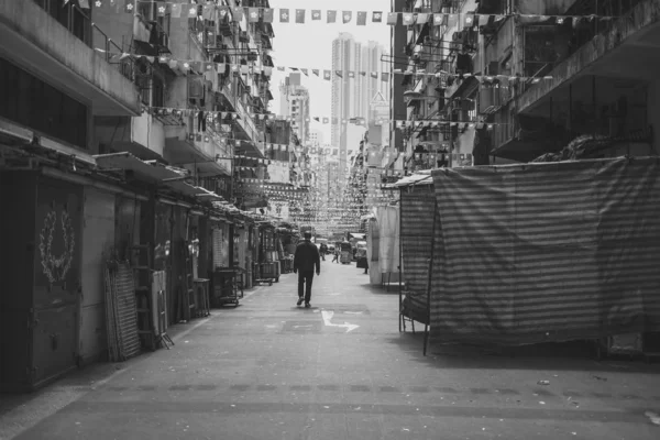 Straße Mit Menschen Und Transport Tagsüber Hong Kong Schwarz Weiß — Stockfoto