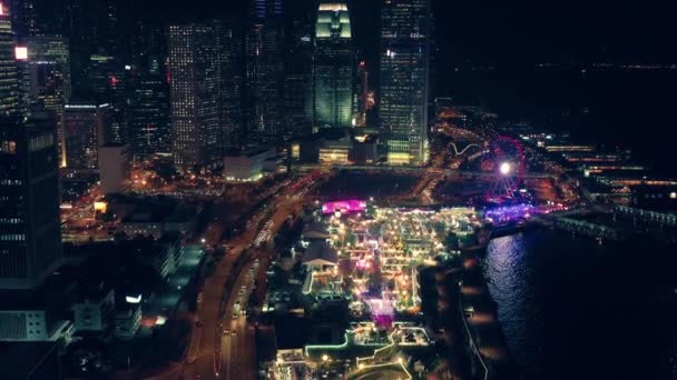 Stad Natt Hong Kong Central District Flygfoto Med Filmiska Färg — Stockvideo