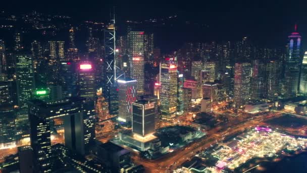 Noční Město Hong Kong Centrální Čtvrti Letecký Pohled Filmové Barvou — Stock video