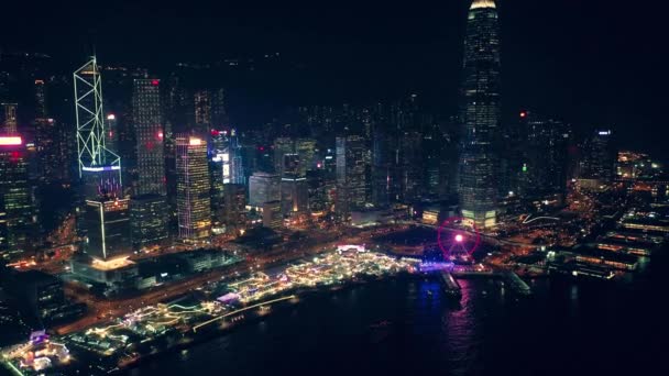 Miasto Nocą Hongkongu Dzielnicy Widok Lotu Ptaka Kinowej Kolor Klasyfikowane — Wideo stockowe