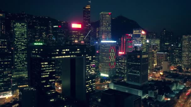 Noční Město Hong Kong Centrální Čtvrti Letecký Pohled Filmové Barvou — Stock video