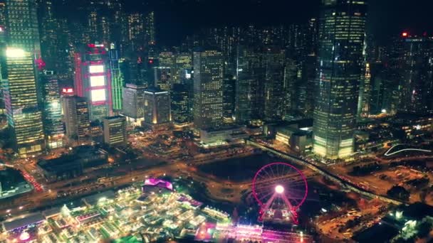 Noite Cidade Distrito Central Hong Kong Vista Aérea Com Cor — Vídeo de Stock