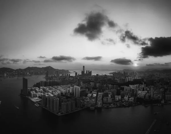 Fekete Fehér Légi Felvétel Hong Kong — Stock Fotó