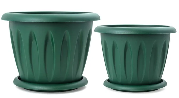 Conjunto Dois Vasos Plástico Verde Para Plantas Interior Isolados Sobre — Fotografia de Stock