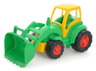 Çocuk plastik oyuncak, üzerinde beyaz izole sarı-yeşil buldozer