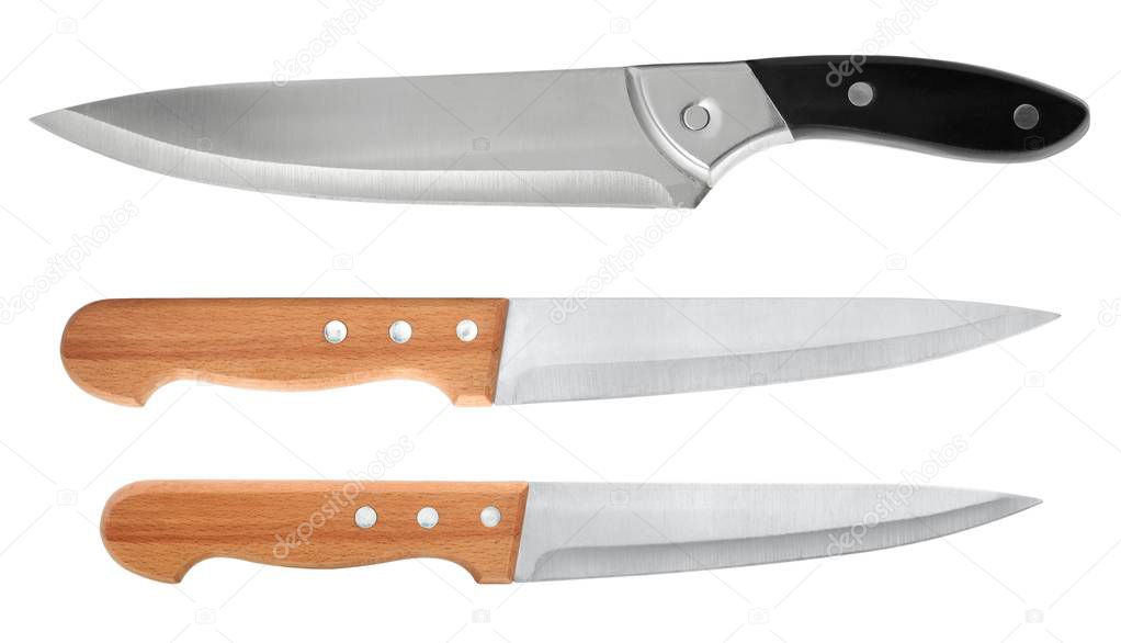 Kitchen knives with wooden and plastic handle isolated on white