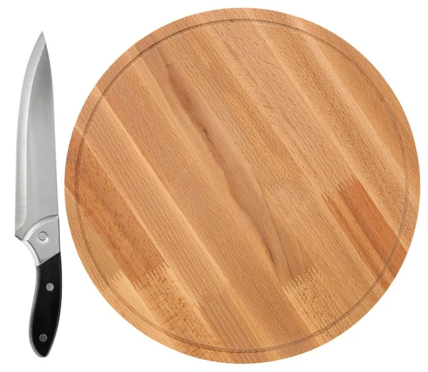 Wooden Cutting Board Knife White Background Top View — Stock Photo, Image