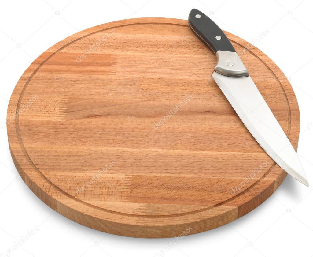 Wooden cutting board and knife isolated on white background