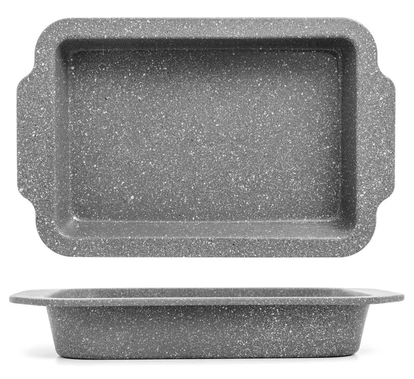 烤箱用矩形灰色烤盘 在白色背景下隔离 顶部视图烘烤 — 图库照片