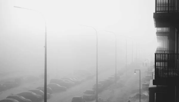Fog in the city. Landscape with a street enveloped in thick fog. Black and white photography