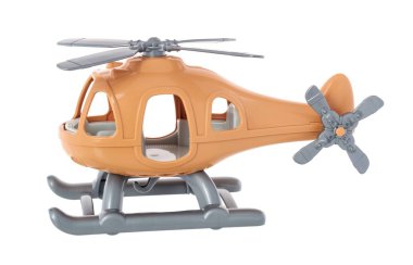 Beyaz arka plan üzerinde izole plastik oyuncak helikopter. Sarı helikopter.
