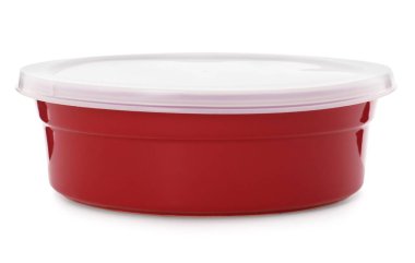 Beyaz arka plan üzerinde izole yiyeceğinizi kapsayıcı. Kırmızı derin kase.