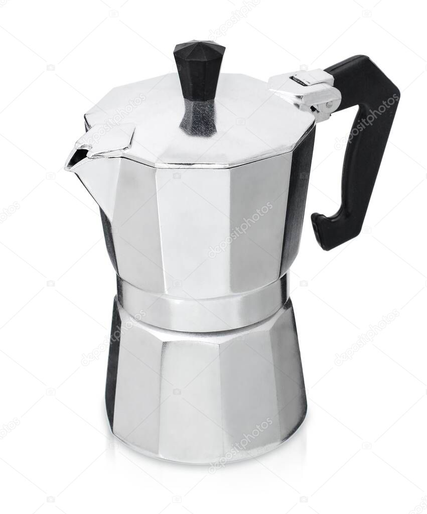 Geyser coffee maker, metal coffee maker isolated on white background