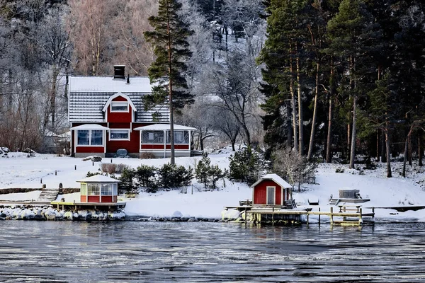 Sweden House Wintertime Nature Shore Fjord — Stock Photo, Image