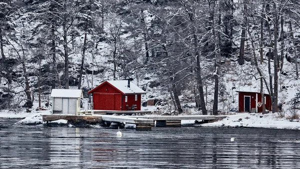 Suède Maison Hiver Nature Bord Fjord — Photo