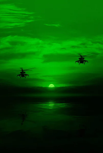 Helicóptero de combate contra el cielo iluminado por la luna, la vista a través de un ni — Foto de Stock