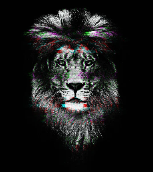 Glitch Retrato de un hermoso león, león en oscuridad. Diseño único — Foto de Stock
