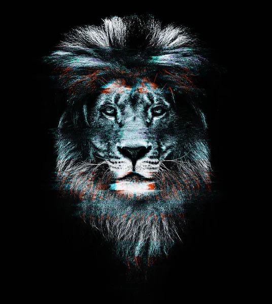 Glitch Portrait of a Beautiful lion, lion in dark. Unique Design