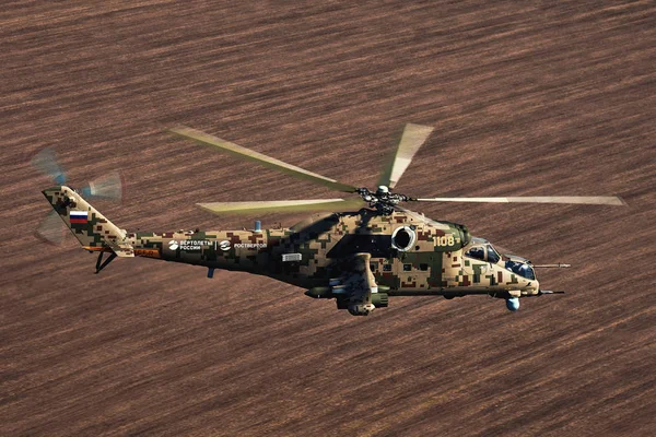 Elicottero d'attacco Mi-35P in volo, vista da un elicottero parallelo — Foto Stock