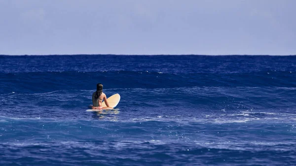 Ragazza surfista in attesa di un'onda. Scuola di surf. Bella giovane donna in costume da bagno va in mare in calda giornata estiva. Surfista sull'onda. bellissima onda oceanica. Attività di sport acquatici — Foto Stock