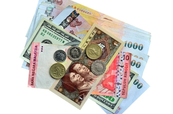 Banknot Moneta Dolar Amerykański Tajski Baht Pierścień Malezyjski Moneta Euro — Zdjęcie stockowe