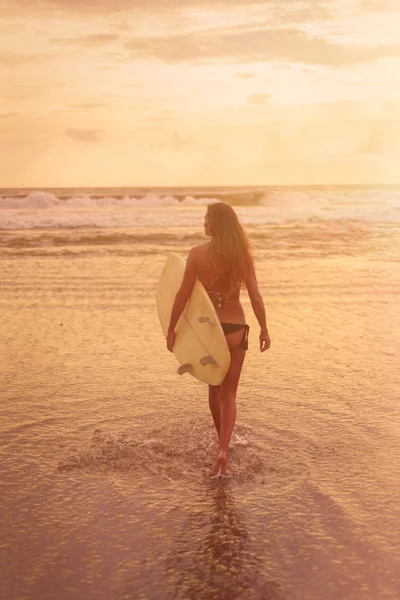 Een jonge vrouw in bikini staat met haar terug naar de camera en houdt een surfplank aan de Oceaan. Warm verven Stockafbeelding