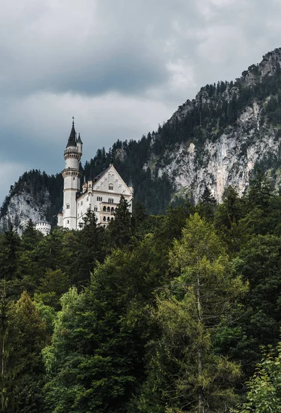 Vertikal bild. Utsikt från byn Hohenschwangau på slottet Neuschwanstein. Bakom slottet bayerska Alperna Stockbild