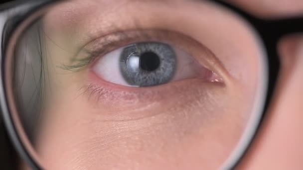 Голубые глаза девушки в очках крупным планом, очки для коррекции зрения, красивая стильная рамка — стоковое видео