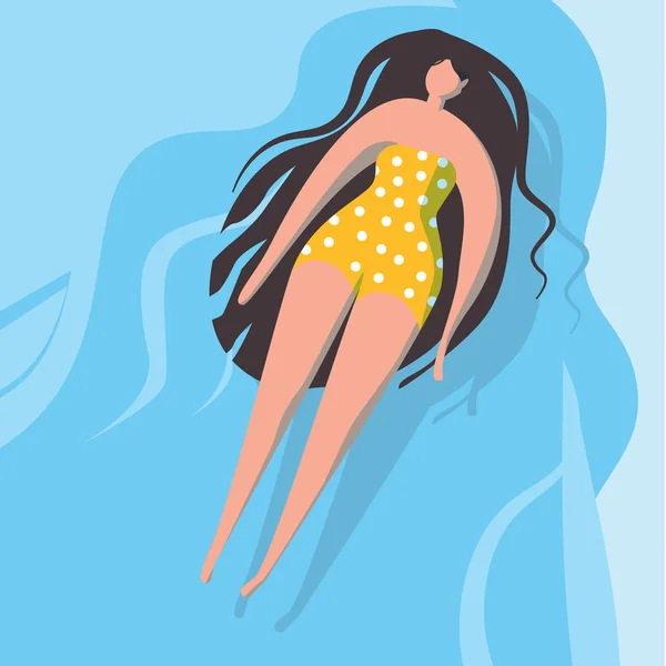 Suda yüzen bikini kız. Çizgi film karakteri ile yaz illüstrasyon. Vektör kavramında feminizm.