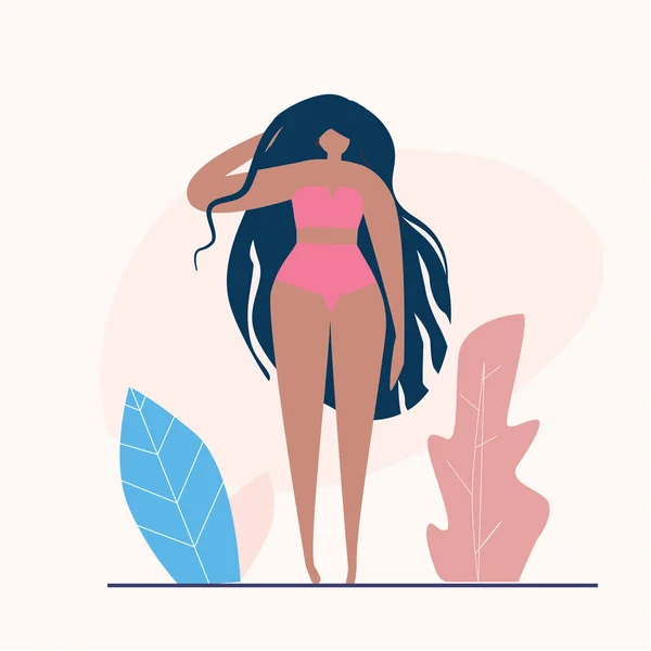 Kız plajda bikini oturma. Çizgi film karakteri ile yaz illüstrasyon. Vektör kavramında feminizm.