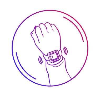 Temassız ödeme düz vektör simgeleri. Akıllı saatile el. Degrade renk.