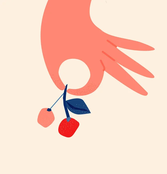 Hand som håller en frukt. Hej sommaren. Koncept ritat vykort mall med bukett av flovers. Platt vektor illustration — Stock vektor