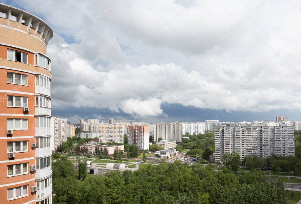 Moscow/ Russia - June 04 2020: Aerial view residential area in Solntsevo district in Moscow. High buildings, condominium, skyline, greenery.