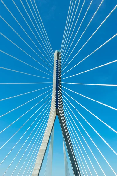 Detalhe Ponte Suspensão Torre Suporte Tirantes Cabos Tensão — Fotografia de Stock