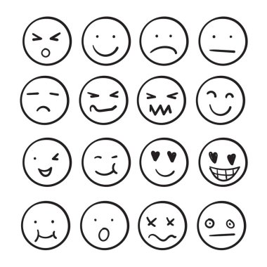 Elle çizilmiş mürekkep emojileri. Doodle emoticons eskizi, mutlu üzgün yüzün mürekkep fırçası simgeleri. çizgi film sanatı