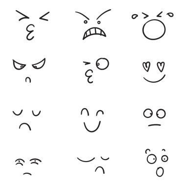 Elle çizilmiş çizgi film yüzleri. Etkileyici gözler ve ağız, gülümseyen, ağlayan ve şaşırmış karakter yüz ifadeleri. Karikatür karikatür karikatürü veya duygu karalaması.